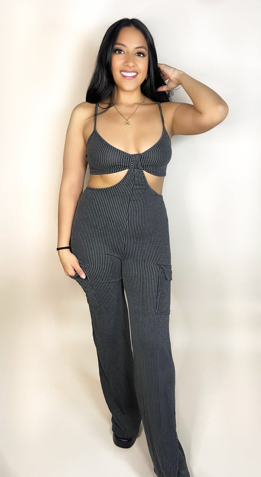 Black Cargo Cut Out Rib Jumpsuit