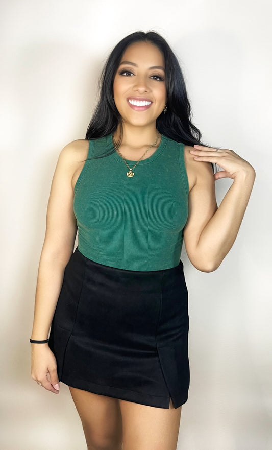 Ribbed Washed Green Sleeveless Bodysuit