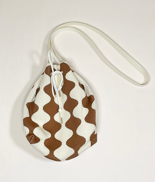 Cream and Brown Drawstring Bucket Bag