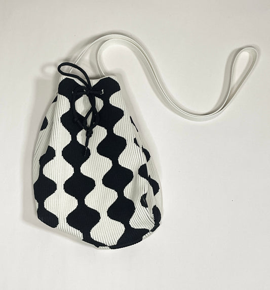 White and Black Drawstring Bucket Bag